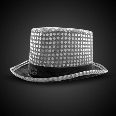 Silver Sequin Top Hat w/Silk Screened Black Band