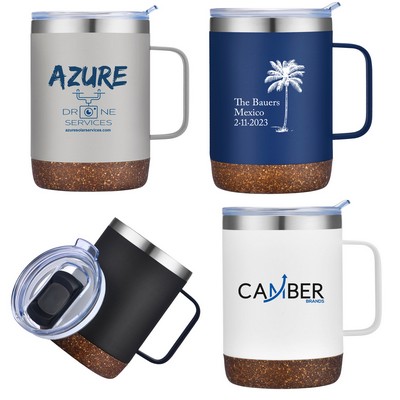 12 Oz Vacuum Sealed Camper Mug with Powdered Finish and Natural Cork Bottom Base