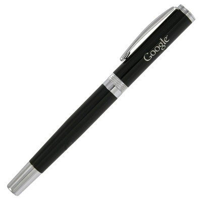 Glossy Black Roller Ball Pen with Diamond Cut Ring