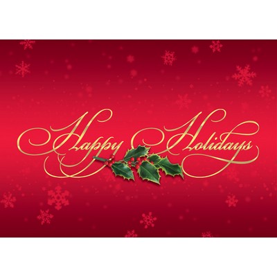 Holly Leaves on Red Snowflake Background w/Happy Holidays Caption Card