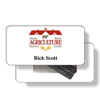 .050 White Plastic Badge with Bulldog Clip / rectangle (1.5" x 3") 4CP