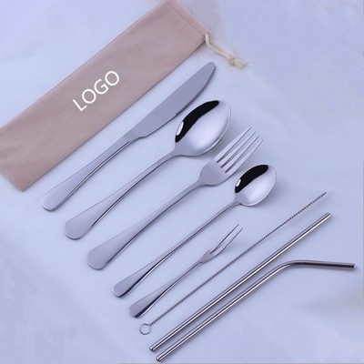 8 pc Stainless Steel Straw/Silverware Fork Spoon Straw Kit w. Pouch