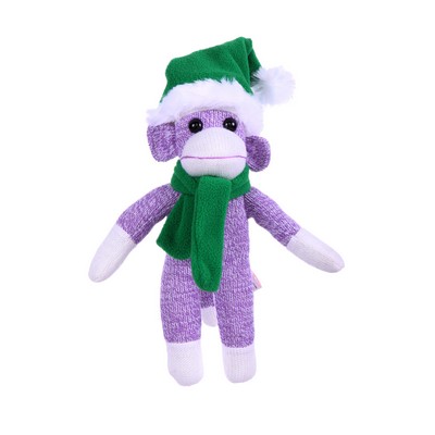 Purple Sock Monkey with Christmas Hat and Scarf