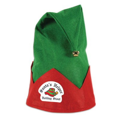 Green Felt Elf Hat w/ Red Trim and Bell w/ Custom Shaped Heat Transfer