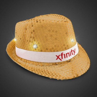 Gold Sequin Light Up Fedora Hat w/Silk Screened White Band