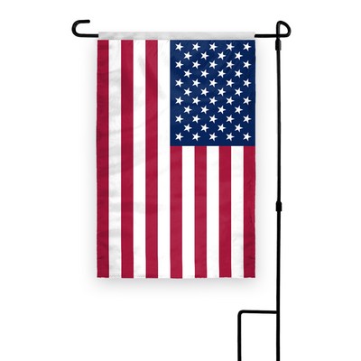 USA garden flag printed on wrap knitted polyester with a 1" sleeve that's open on both ends.