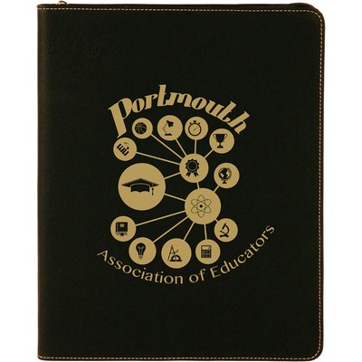 9 1/2" x 12" Black/Gold with Zipper Laserable Leatherette Portfolio with Notepad