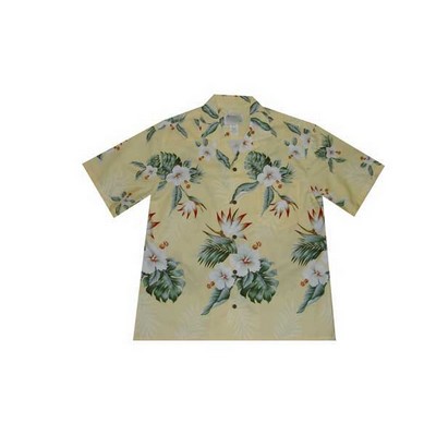 Yellow Hawaiian Border Print Cotton Poplin Shirt w/ Button Front