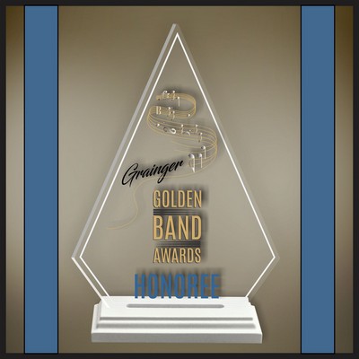 9" Clipped Diamond Clear Acrylic Award with a White Wood Base