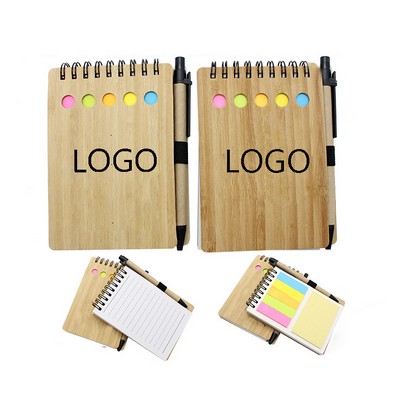 Sticky Notes Bamboo Cover Notebook With Pen