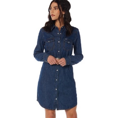 Wrangler® Women's Dark Denim Long Sleeve Western Shirt Dress w/Self Tie Belt