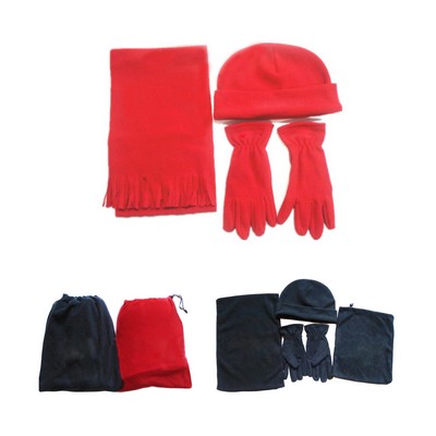 4 Pieces Polar Fleece Gloves,hat,scarf And Drawstring Bag Set