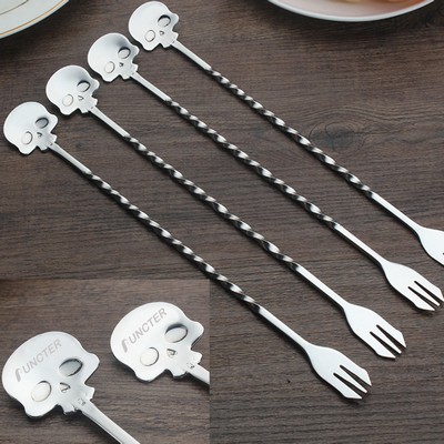 Skull Shape Stainless Steel Bar Cocktail Shaker Spoon Fork