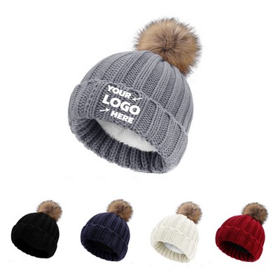 Winter Fur Pom Knit Cuffed Beanie