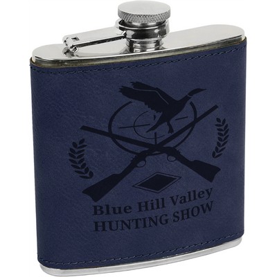 Stainless Steel Flask with Blue Faux Leather, Engraved, 6 oz