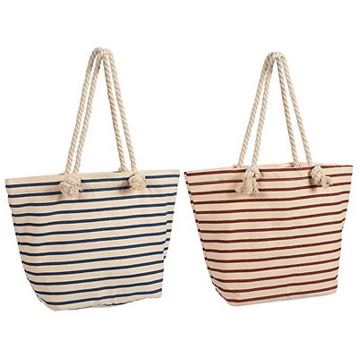 Bags: Canvas Beach Tote Bags with Handles - Zippered Reusable Shopping Bags, Blue and Red Stripes