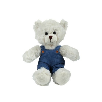 soft plush Cream Curly Sitting Bear in denim overall