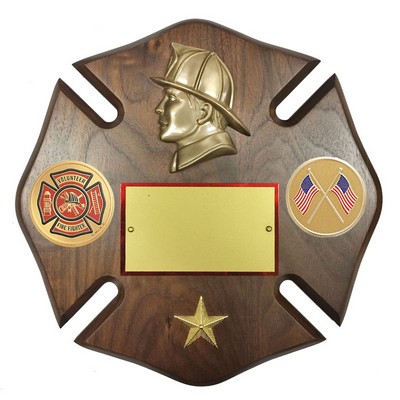 Fireman Maltese Cross Genuine Walnut Plaque (10" x 10")