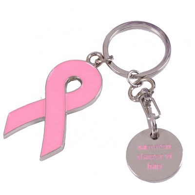 Breast Cancer Awareness Ribbon Charm Keychain W/ Metal Tag