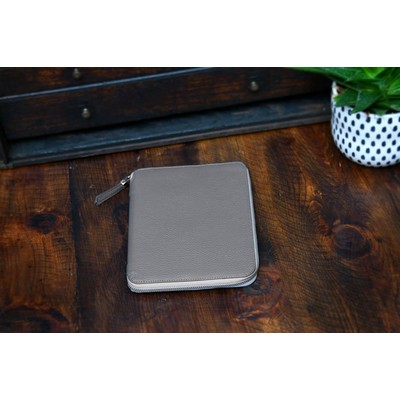 Pebble Calf Leather Medium-Size Zippered Padfolio - Pewter Gray - Borlino