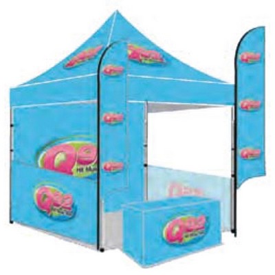 10x10 Tent, Tent BackWall, 2 Side Rails, 6' Table Cover, 2 Flags 8'. All Single Sided