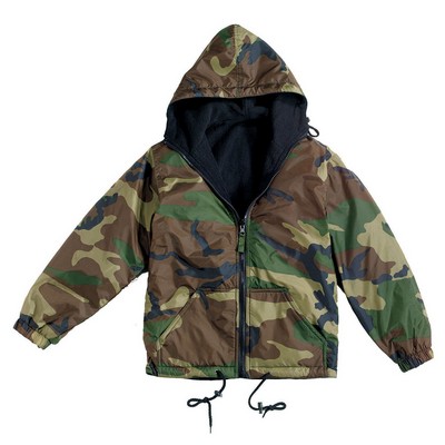 Woodland Camouflage Reversible Fleece-Lined Nylon Jacket with Hood (2XL)