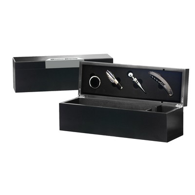 Wine Accessories Gift Set in Black Wooden Box w/Metal Plate