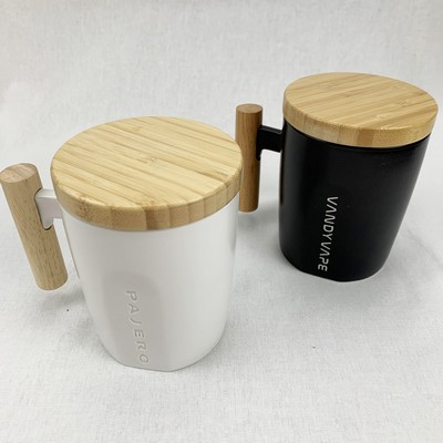 400ml 14oz Ceramic coffee mug with wooden handle and bamboo thermos lid