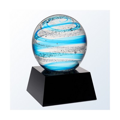 Blue Snow Globe Art Glass Series on Black Crystal Base, 5-1/2"H