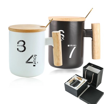 Coffee Mug With Wooden Handle, Lid & Spoon