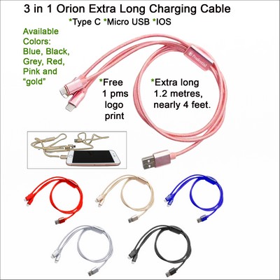 3 in 1 Orion Extra Long Charging Cable Pink