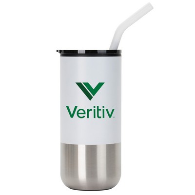 Promo Revolution - 16 Oz. Stainless Steel Tumbler with Plastic Liner & Metal Straw with Rubber Tip