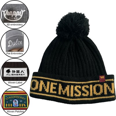 Custom Made Pom Pom Striped Knitted Cuffed Beanie With Logo