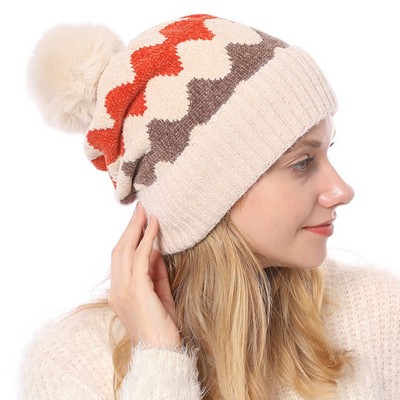 Chenille Knitted Beanie Warm Hats with Pompom