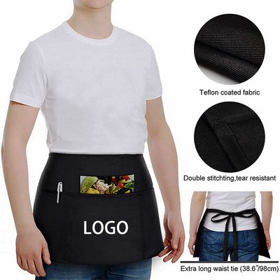 Restaurant Polyester Short Waist Apron With 3 Front Pockets 24"x12"