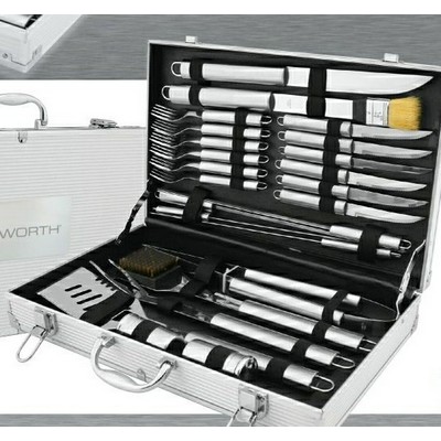 24 Piece BBQ Set with Skewers/Tongs/Cleaning Brush & Knives