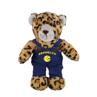 Soft Plush Stuffed Leopard in denim overall.