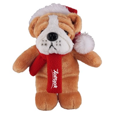 Soft Plush Stuffed Bulldog with Christmas Hat and Scarf