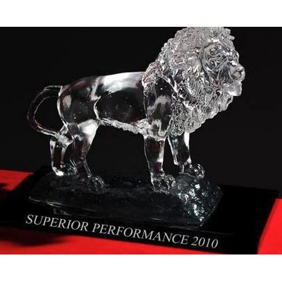 Crystal Sculpture of Lion Sculpture w/Black Crystal Base (Etched)