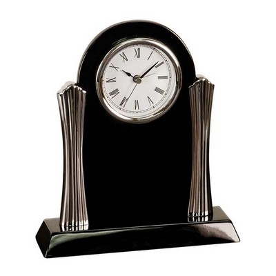 Ebony Piano Finish Clock with Silver Columns, 7-1/2" x 8-1/4"