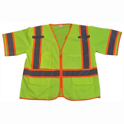 Deluxe Lime Solid /Orange Two Tone ANSI Class 3 Safety Vest with Zipper Closure