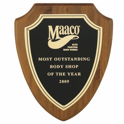 Walnut Shield Plaque w/Black Screened Frosted Plate (7¾"x9-3/8")