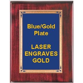 Rosewood 7" x 9" Piano Finish Plaque - 5" x 7" Blue/Gold Teardrop Plate