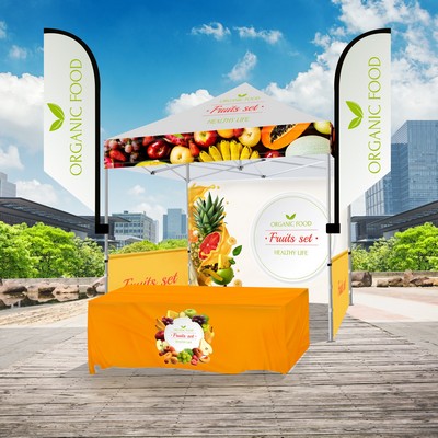 10' X 10' Tent w/ Full Color Canopy, Back Wall, Side Walls, 6' Table Cover, and (2) Tent Banners