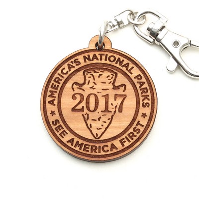 Solid Hardwood Laser Engraved Key Chain Clip - Circle