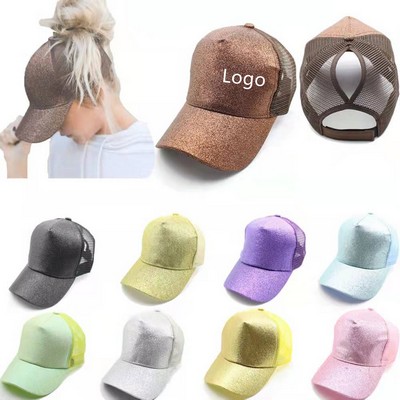 High Bun Ponytail Adjustable Glitter Mesh Baseball Cap Sun Visor Cap