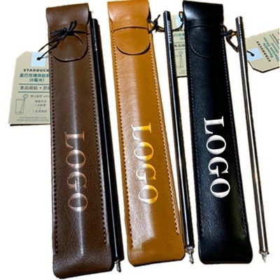 Leather Protective Case Stainless Steel Straw Holder