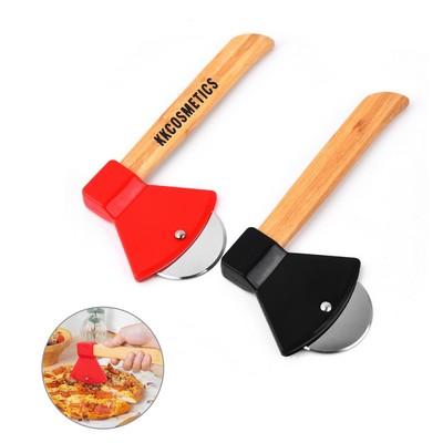 Axe Pizza Cutter with Bamboo Handle and Rotating Blade