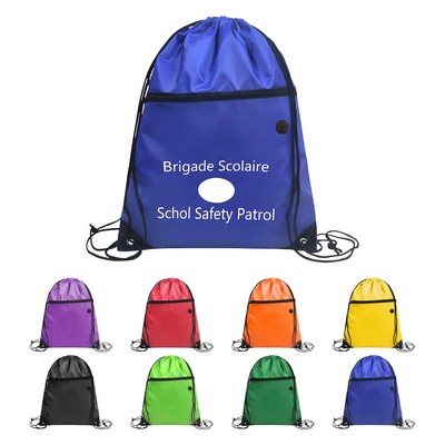 Polyester Drawstring Backpack w/ Front Zipper Pocket