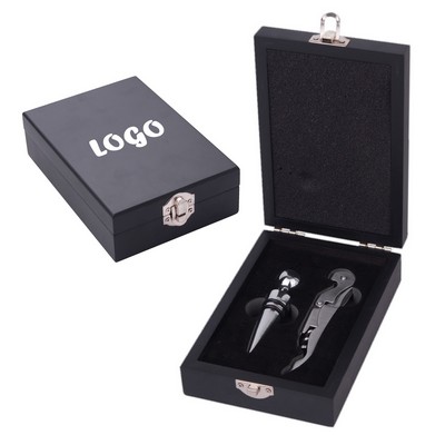 Stainless Steel Wine Opener & Stopper Set in a Wood Case